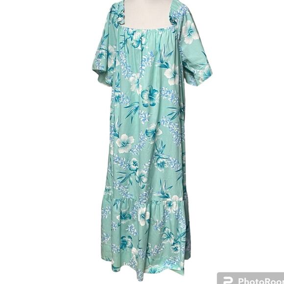 Helena’s Hawaiian Dress Medium Sea Foam Green Tropical Vintage Long Dress Luau - Picture 1 of 8